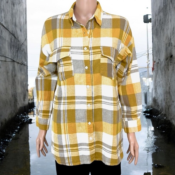 PaperMoon Mustard Flannel Plaid Oversized Button Down Shirt - Picture 4 of 16